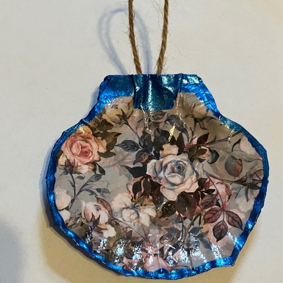 Other - Handcrafted Shell Ornament Blue Pink Floral Metallic Decoupage